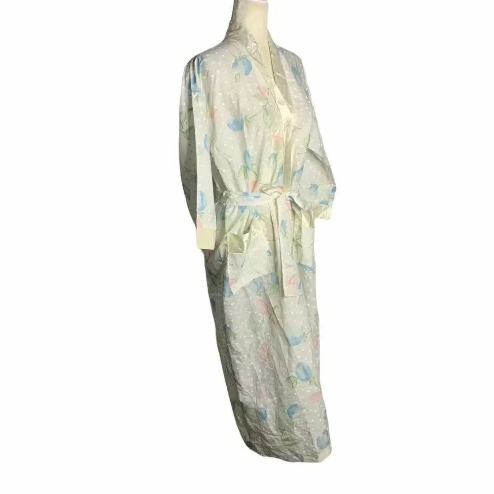 Vintage Long Floral Belted Robe S White Polka Dots
